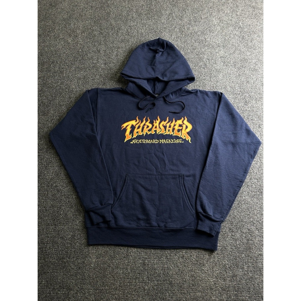 Mens Hoodie Thrasher Flame Logo Skateboard Magazine Navy Blue, Size S